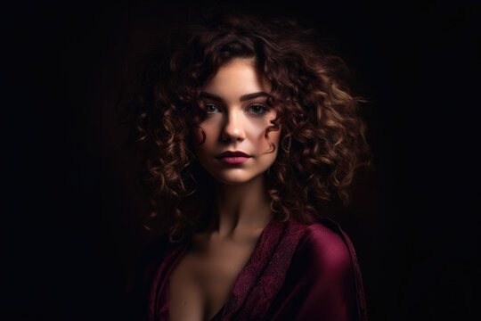 stunning woman with maroon drapery backdrop, her cascading curly hair frames her glowing face, highlighting her natural beauty, generative ai