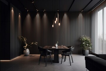Modern interior design with vertical slats and black walls. Generative AI - obrazy, fototapety, plakaty