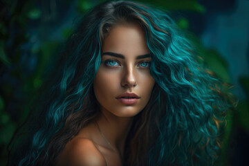 Naklejka premium Turquoise-clad beauty with long flowing hair, striking turquoise eyes, and a serene expression, set against a breathtaking turquoise background, generative ai