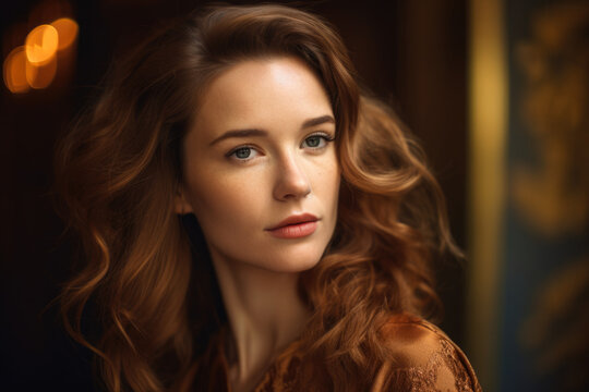 timeless portrait of a beautiful woman with golden highlights in her hair, set against a vintage golden background, generative ai