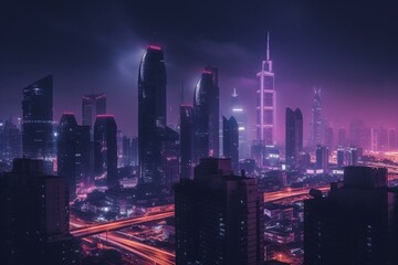 Fototapeta na wymiar Urban skyline of high-rises illuminated in violet hue. Generative AI