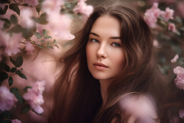 A portrait of a beautiful woman with long flowing hair and rosy cheeks, framed by delicate pink petals and soft natural light, generative ai