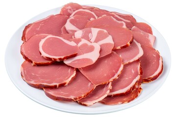 plate of sliced ham on a white background. Generative AI