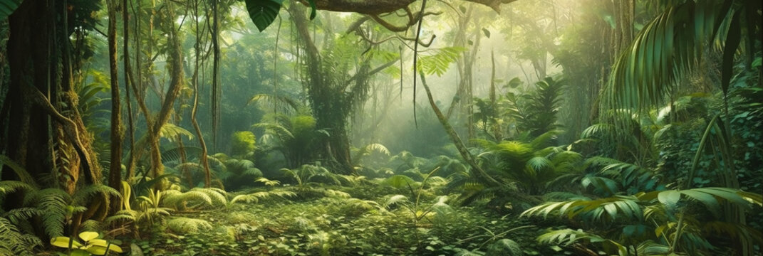 Panorama of wild dense jungle, deep forest with tropical thick, generative AI