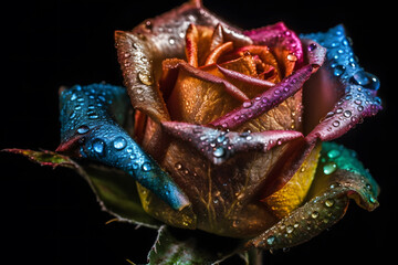 Rainbow rose with dew drops. Neural network AI generated art