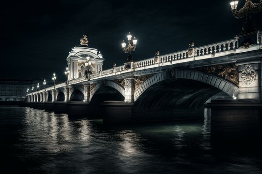 Winter palace & palace bridge on white St. Petersburg night. Generative AI