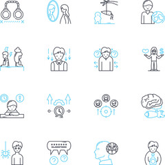 Mental science linear icons set. Psychology, Psychotherapy, Mental health, Cognition, Emotion, Perception, Mood line vector and concept signs. Anxiety,Depression,Stress outline illustrations