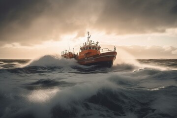 An emergency vessel swiftly navigates rough seas, providing sea rescue services. Generative AI