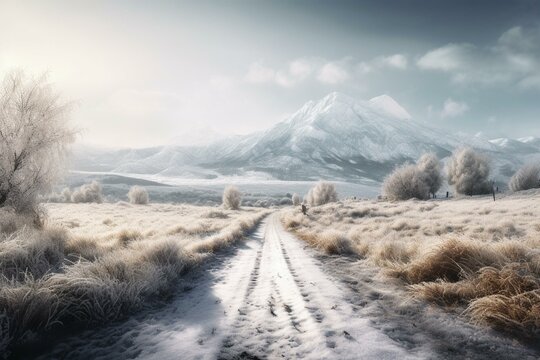 A lifelike drawing of a wintry roadway in a snow-clad meadow, with peaks visible at a distance. Generative AI