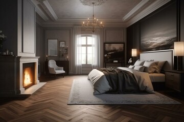 Fototapeta na wymiar Elegant bedroom with wood flooring & fireplace. Generative AI