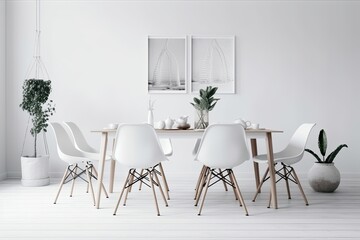 modern dining room with minimalist white chairs and table. Generative AI