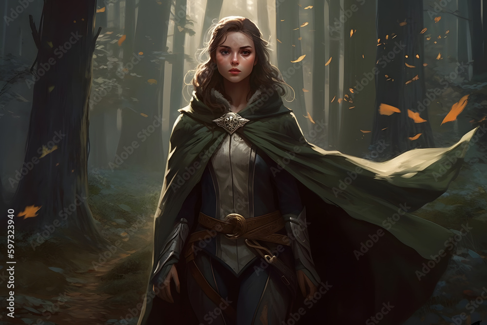 Poster medieval warrior girl in the forest. neural network ai generated art