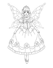 Isolated contour drawing of a fairytale elf princess coloring book illustration