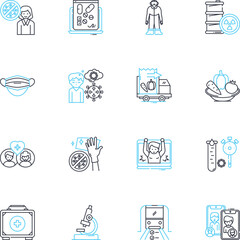 Germs linear icons set. Microbes, Bacteria, Virus, Pathogen, Infection, Contamination, Hygiene line vector and concept signs. Antibiotics,Immunity,Trichinosis outline illustrations