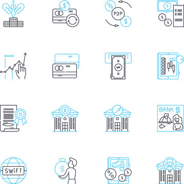 Financial markets linear icons set. Stocks, Bonds, Commodities, Futures, Options, Derivatives, Treasuries line vector and concept signs. Indices,Currencies,Cryptocurrencies outline illustrations