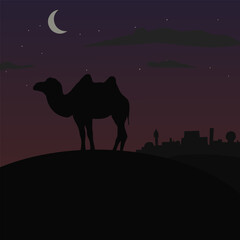 vector background of camel and mosque in desert at night. Ramadhan kareem