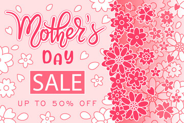 Fototapeta premium Mother's Day sale banner with red and white flowers. Elegant hand written lettering on light pink background. Vector illustration for spring poster, greeting card or sale banner design. 