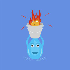 Illustration of water lifting a bucket filled with fire. Flat vector