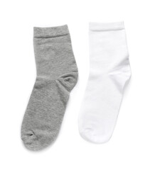 Different socks isolated on white, top view