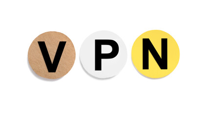 Paper notes with acronym VPN (Virtual Private Network) isolated on white, top view