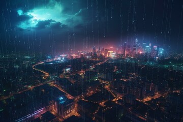 Fototapeta na wymiar Digital binary data cloud showcased over virtual neon city at night is a concept for cloud computing technology. Generative AI