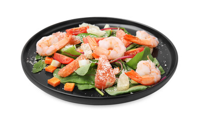 Delicious salad with pomelo, shrimps and tomatoes in plate on white background