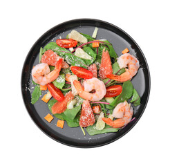 Delicious salad with pomelo, shrimps and tomatoes in plate on white background, top view
