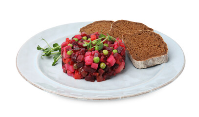 Delicious vinaigrette salad with slices of bread isolated on white