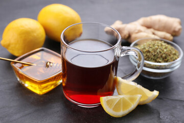 Cold remedies on black table, closeup. Cough treatment