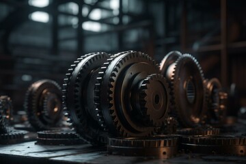 Fototapeta na wymiar 3D rendered background of interlocking steel gearwheels. Generative AI