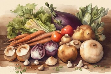 Watercolor illustration of various summer vegetables. Generative AI