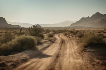 Fototapeta na wymiar A winding desert road leading towards the horizon. Generative AI