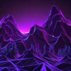  abstract and visually stunning cyber space landscape that has been created through 3D rendering. The design features a virtual reality violet background that creates an otherworldly atmosphere