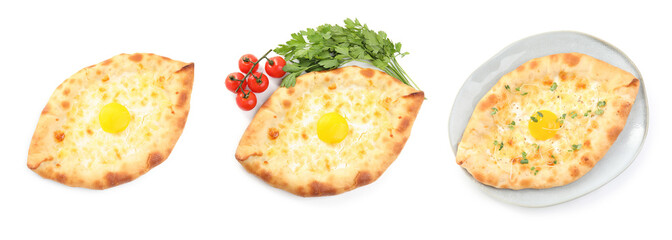 Collage with tasty Adjarian khachapuris on white background, top view
