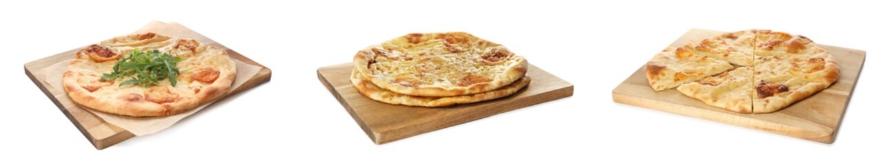 Boards with fresh Megrelian khachapuris on white background, collage design