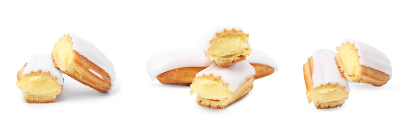 Collage with tasty glazed eclairs on white background