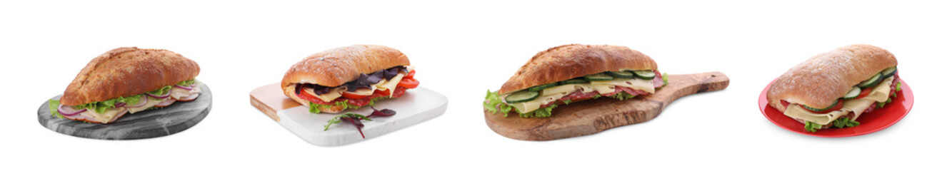 Set with different delicious sandwiches on white background