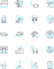 Scenery linear icons set. Breathtaking, Serene, Majestic, Picturesque, Tranquil, Magnificent, Pristine line vector and concept signs. Rustic,Exquisite,Idyllic outline illustrations