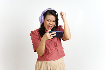 Playing Mobile Game on Smartphone with Headphone Of Beautiful Asian Woman Isolated On White