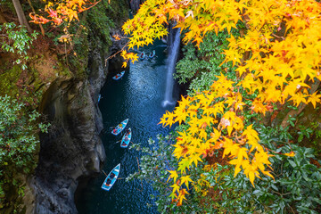 Miyazaki, Japan - Nov 24 2022: Takachiho Gorge is a narrow chasm cut through the rock by the Gokase River, plenty activities for tourists such as rowing and trekking through beautiful nature