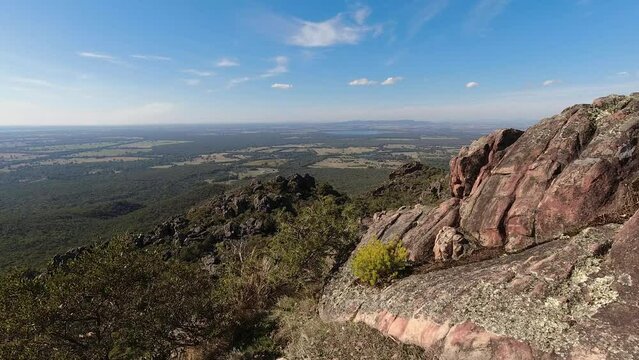 Timelapse Footage (4k) Panorama from the summit of Boronia Peak in the Grampians National Park (Gariwerd) views of Lake Fyans, Victoria, Australia