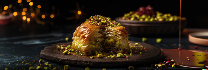 turkish baklava with sugar syrup made of fresh fresh puff pastry as wide banner with copyspace area - Generative AI - obrazy, fototapety, plakaty