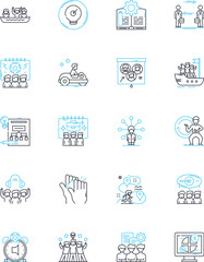 Labor performance linear icons set. Efficiency, Productivity, Output, Motivation, Dedication, Commitment, Accountability line vector and concept signs. Precision,Focus,Consistency outline