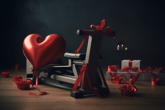 Fitness love gift for Valentine's Day, engagement, or wedding. Includes gym equipment and red heart ribbon. Generative AI