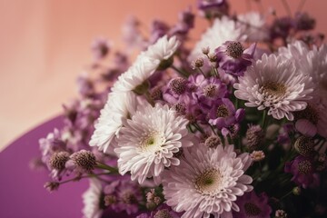 Obraz na płótnie Canvas Pretty white and purple flowers in a cute bouquet on a pastel pink background. Generative AI