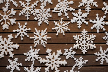 group of snowflakes on a wooden table. Generative AI