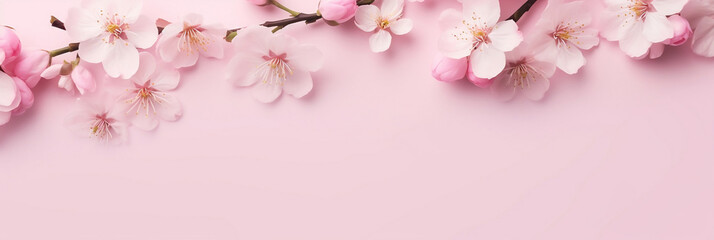 Fototapeta na wymiar Spring sakura flowers on pink pastel background top view in flat lay style, Greeting for Mother's Day Spring Sale Banner, Generative AI