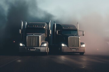 Two opposing black semis in a smoky 3D world. Generative AI