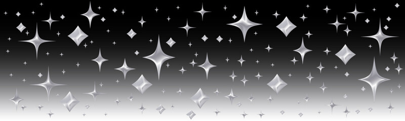 Chrome 3d emoji silver stars on a gradient black transparent background for decorations