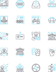 Company linear icons set. Innovation, Quality, Dedication, Excellence, Trusrthy, Reliability, Leadership line vector and concept signs. Integrity,Empowerment,Sustainability outline illustrations